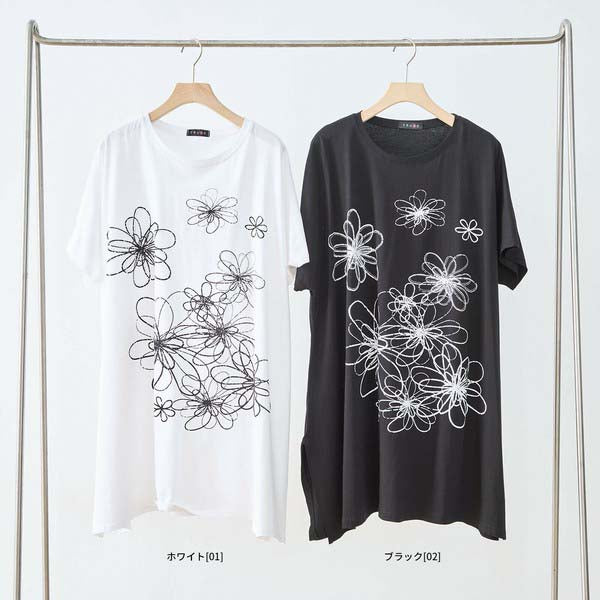 L〜LL 大きいサイズ ラインストーン付 フラワープリント チュニック レディース きれいめ/N12-342