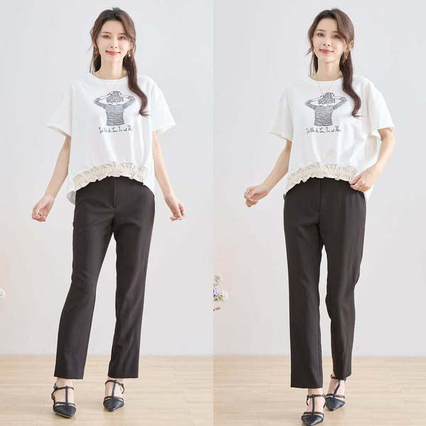 【M〜L】フリル ヘム ガール イラスト Tシャツ カットソー 丸首 夏物 (N12-381)