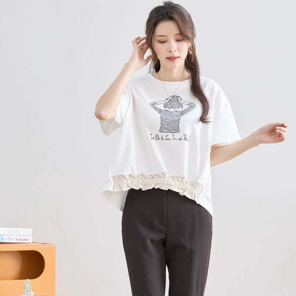【M〜L】フリル ヘム ガール イラスト Tシャツ カットソー 丸首 夏物 (N12-381)