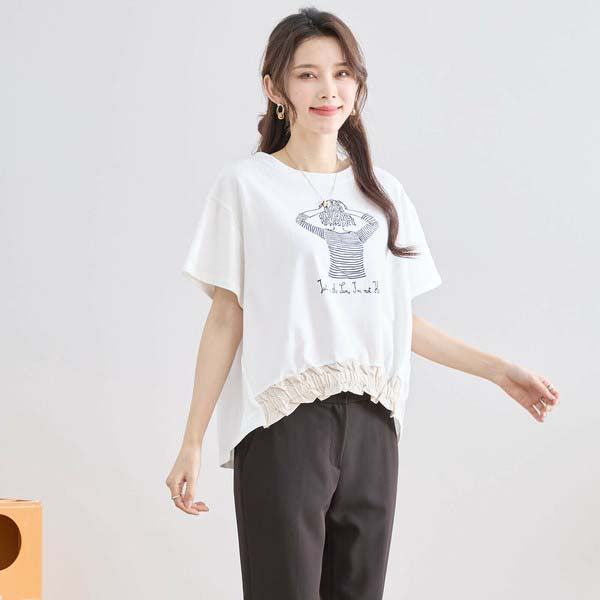 【M〜L】フリル ヘム ガール イラスト Tシャツ カットソー 丸首 夏物 (N12-381)