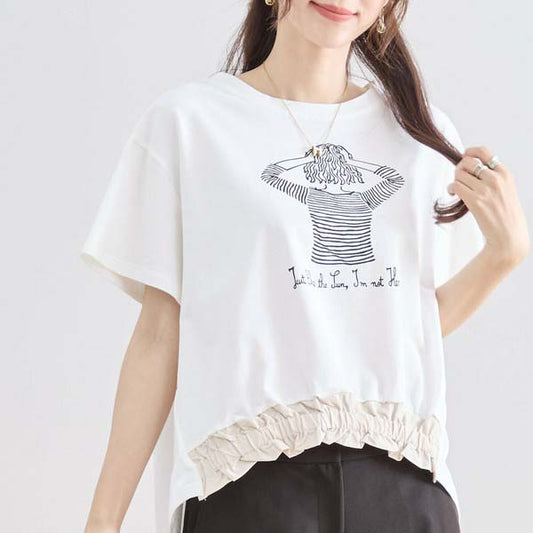 【M〜L】フリル ヘム ガール イラスト Tシャツ カットソー 丸首 夏物 (N12-381)