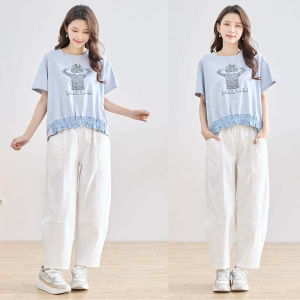 【M〜L】フリル ヘム ガール イラスト Tシャツ カットソー 丸首 夏物 (N12-381)
