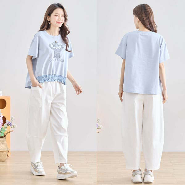 【M〜L】フリル ヘム ガール イラスト Tシャツ カットソー 丸首 夏物 (N12-381)