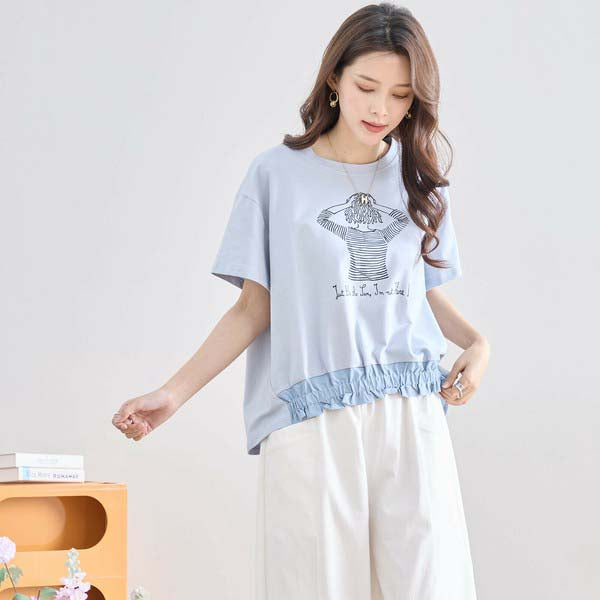 【M〜L】フリル ヘム ガール イラスト Tシャツ カットソー 丸首 夏物 (N12-381)