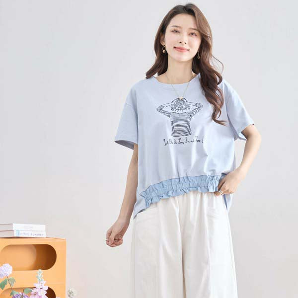 【M〜L】フリル ヘム ガール イラスト Tシャツ カットソー 丸首 夏物 (N12-381)