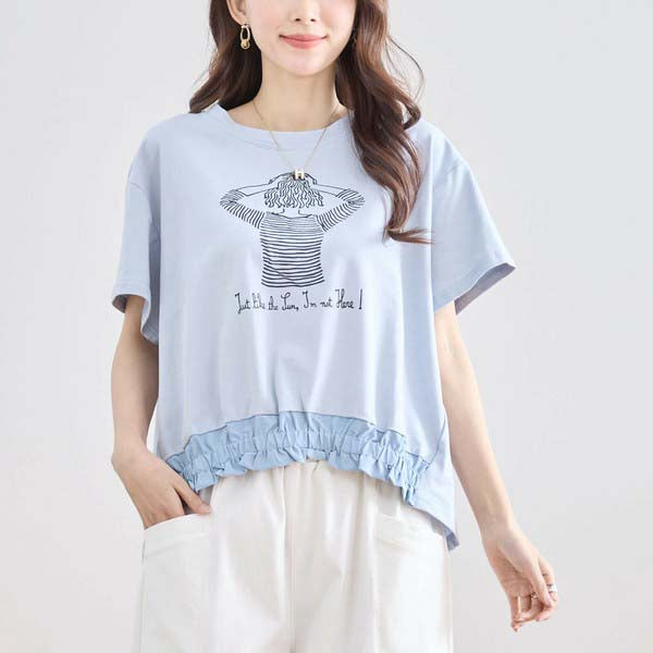 【M〜L】フリル ヘム ガール イラスト Tシャツ カットソー 丸首 夏物 (N12-381)