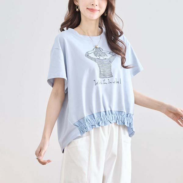 【M〜L】フリル ヘム ガール イラスト Tシャツ カットソー 丸首 夏物 (N12-381)