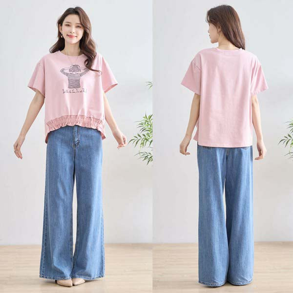 【M〜L】フリル ヘム ガール イラスト Tシャツ カットソー 丸首 夏物 (N12-381)