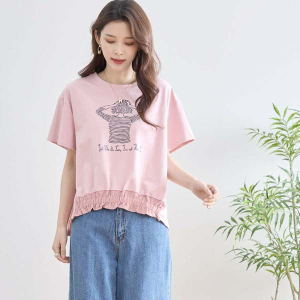 【M〜L】フリル ヘム ガール イラスト Tシャツ カットソー 丸首 夏物 (N12-381)