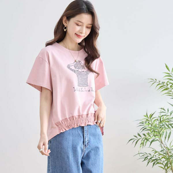 【M〜L】フリル ヘム ガール イラスト Tシャツ カットソー 丸首 夏物 (N12-381)