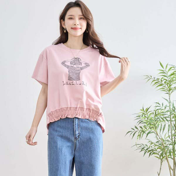 【M〜L】フリル ヘム ガール イラスト Tシャツ カットソー 丸首 夏物 (N12-381)