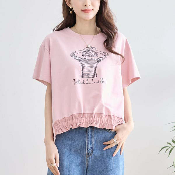 【M〜L】フリル ヘム ガール イラスト Tシャツ カットソー 丸首 夏物 (N12-381)