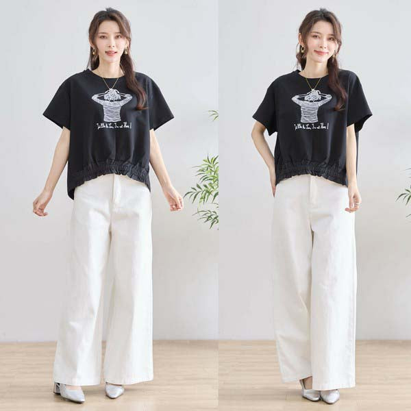 【M〜L】フリル ヘム ガール イラスト Tシャツ カットソー 丸首 夏物 (N12-381)
