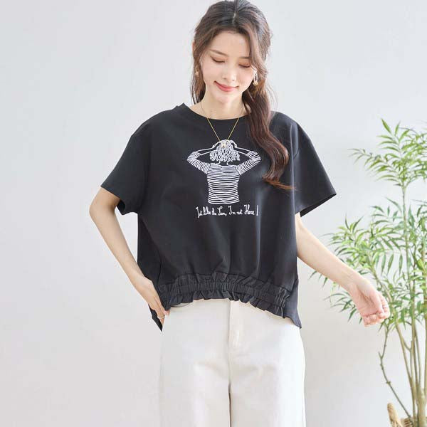 【M〜L】フリル ヘム ガール イラスト Tシャツ カットソー 丸首 夏物 (N12-381)