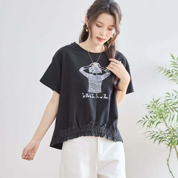 【M〜L】フリル ヘム ガール イラスト Tシャツ カットソー 丸首 夏物 (N12-381)