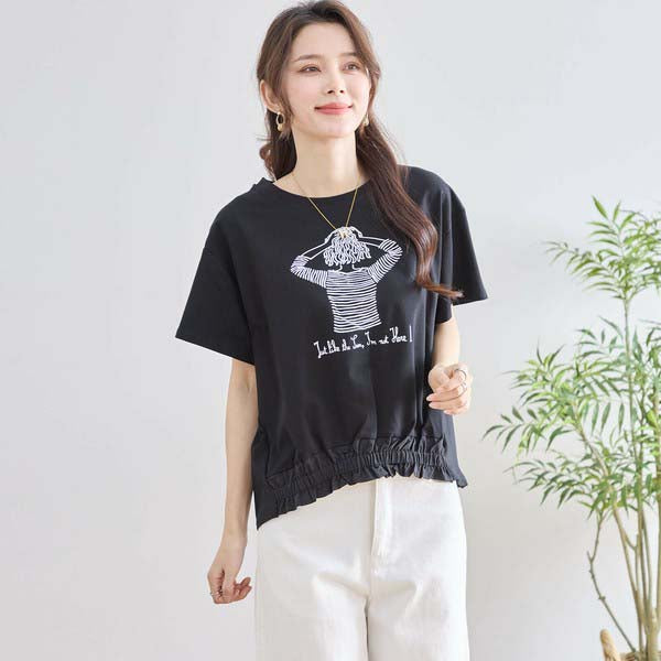 【M〜L】フリル ヘム ガール イラスト Tシャツ カットソー 丸首 夏物 (N12-381)