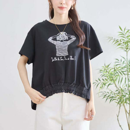 【M〜L】フリル ヘム ガール イラスト Tシャツ カットソー 丸首 夏物 (N12-381)