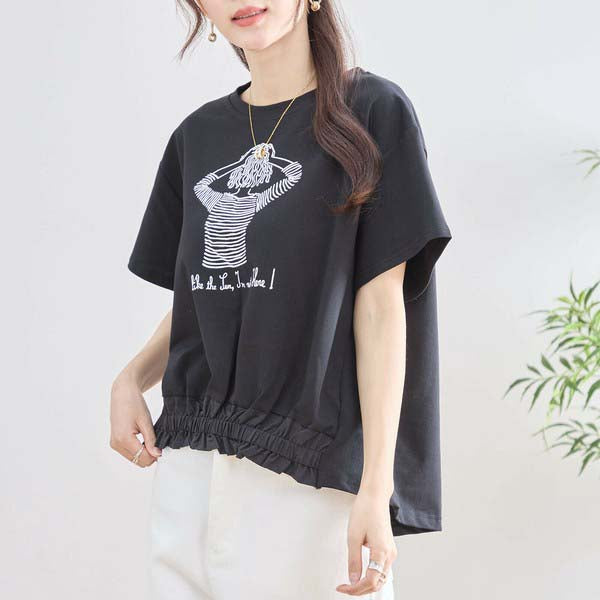 【M〜L】フリル ヘム ガール イラスト Tシャツ カットソー 丸首 夏物 (N12-381)