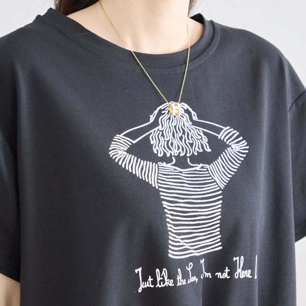 【M〜L】フリル ヘム ガール イラスト Tシャツ カットソー 丸首 夏物 (N12-381)
