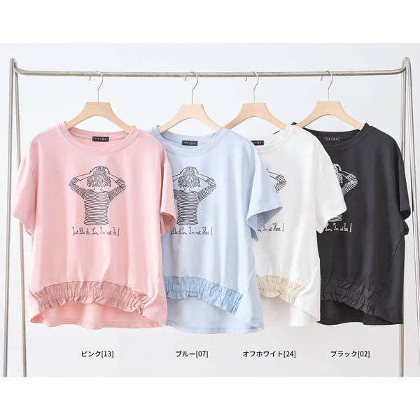 【M〜L】フリル ヘム ガール イラスト Tシャツ カットソー 丸首 夏物 (N12-381)