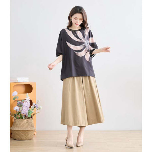 L〜LL 大きいサイズ ビックフラワー トップス Tシャツ カットソー レディース 半袖/ブラック 黒/N12-397