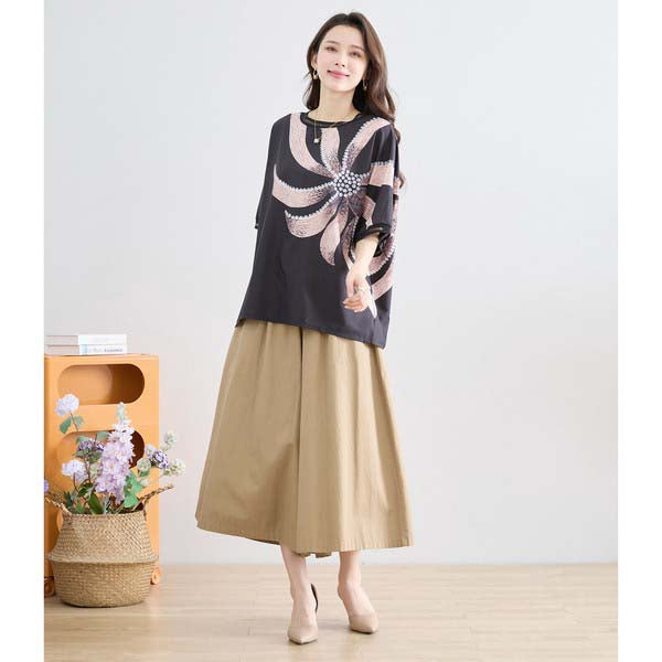 L〜LL 大きいサイズ ビックフラワー トップス Tシャツ カットソー レディース 半袖/ブラック 黒/N12-397