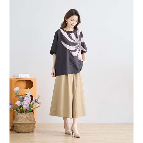 L〜LL 大きいサイズ ビックフラワー トップス Tシャツ カットソー レディース 半袖/ブラック 黒/N12-397