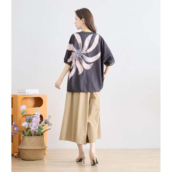 L〜LL 大きいサイズ ビックフラワー トップス Tシャツ カットソー レディース 半袖/ブラック 黒/N12-397
