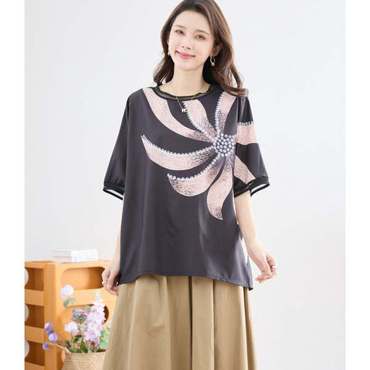 L〜LL 大きいサイズ ビックフラワー トップス Tシャツ カットソー レディース 半袖/ブラック 黒/N12-397