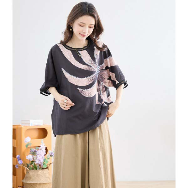 L〜LL 大きいサイズ ビックフラワー トップス Tシャツ カットソー レディース 半袖/ブラック 黒/N12-397