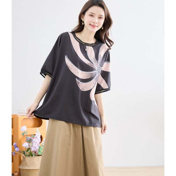 L〜LL 大きいサイズ ビックフラワー トップス Tシャツ カットソー レディース 半袖/ブラック 黒/N12-397