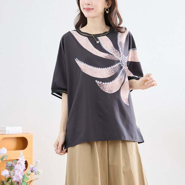 L〜LL 大きいサイズ ビックフラワー トップス Tシャツ カットソー レディース 半袖/ブラック 黒/N12-397