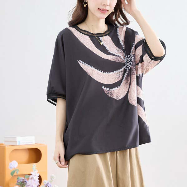 L〜LL 大きいサイズ ビックフラワー トップス Tシャツ カットソー レディース 半袖/ブラック 黒/N12-397