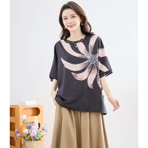 L〜LL 大きいサイズ ビックフラワー トップス Tシャツ カットソー レディース 半袖/ブラック 黒/N12-397