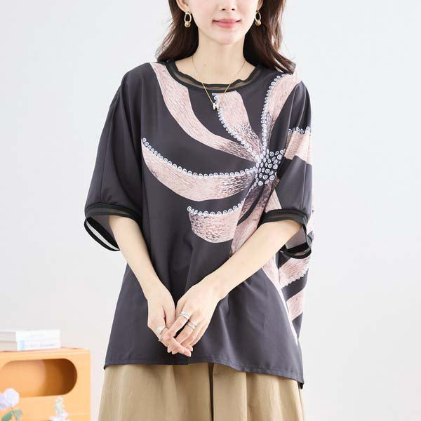 L〜LL 大きいサイズ ビックフラワー トップス Tシャツ カットソー レディース 半袖/ブラック 黒/N12-397