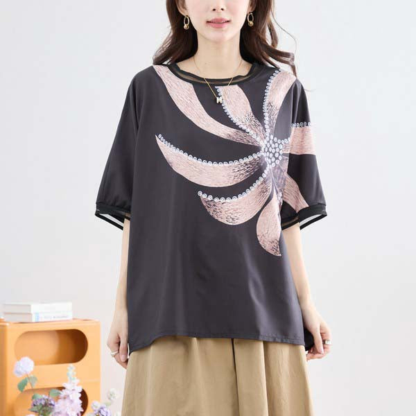 L〜LL 大きいサイズ ビックフラワー トップス Tシャツ カットソー レディース 半袖/ブラック 黒/N12-397