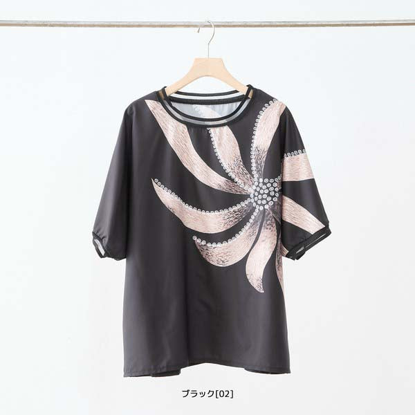 L〜LL 大きいサイズ ビックフラワー トップス Tシャツ カットソー レディース 半袖/ブラック 黒/N12-397