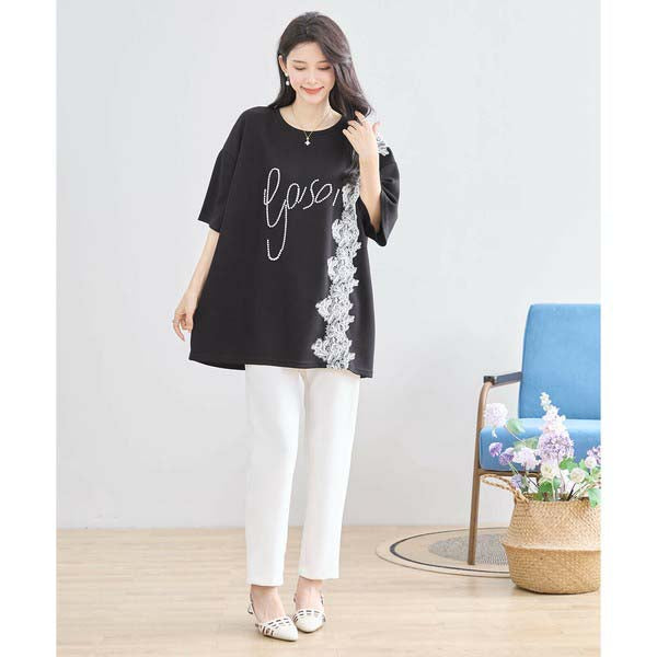 【N12-490|M〜L対応】パールビジュー&レース ロゴTシャツ|フェミニンカットソー・春夏トップス