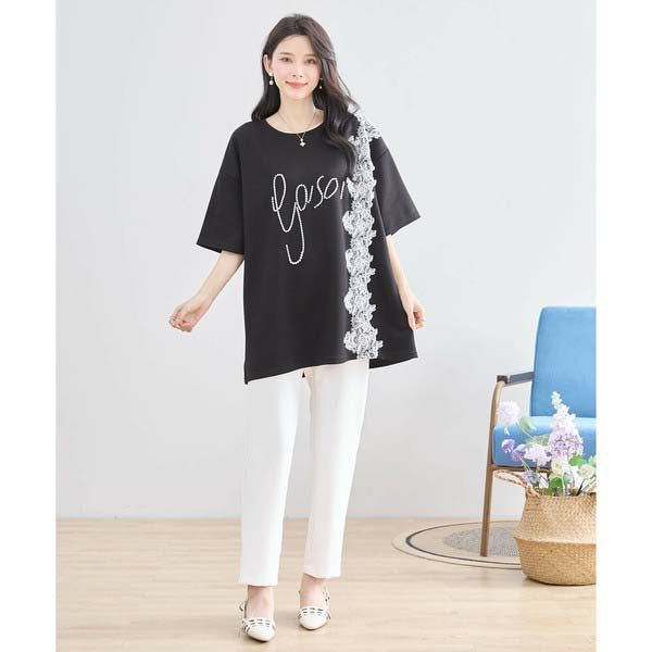 【N12-490|M〜L対応】パールビジュー&レース ロゴTシャツ|フェミニンカットソー・春夏トップス