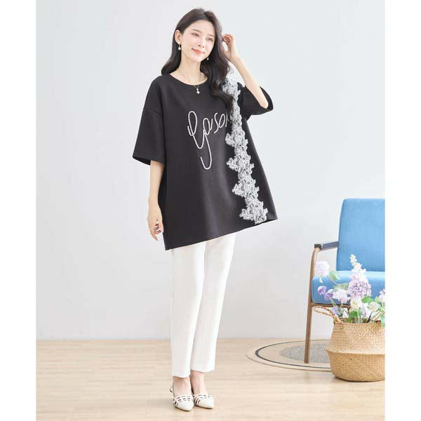 【N12-490|M〜L対応】パールビジュー&レース ロゴTシャツ|フェミニンカットソー・春夏トップス