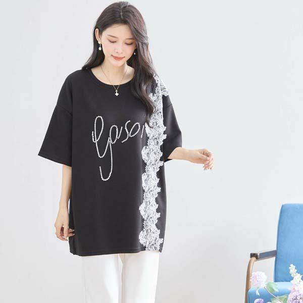 【N12-490|M〜L対応】パールビジュー&レース ロゴTシャツ|フェミニンカットソー・春夏トップス