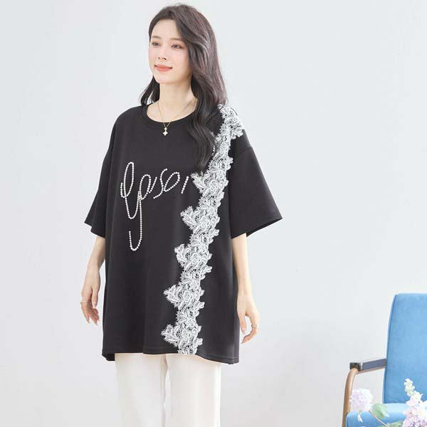 【N12-490|M〜L対応】パールビジュー&レース ロゴTシャツ|フェミニンカットソー・春夏トップス