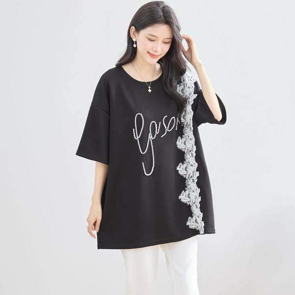 【N12-490|M〜L対応】パールビジュー&レース ロゴTシャツ|フェミニンカットソー・春夏トップス