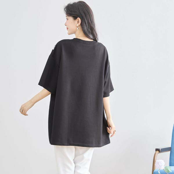 【N12-490|M〜L対応】パールビジュー&レース ロゴTシャツ|フェミニンカットソー・春夏トップス