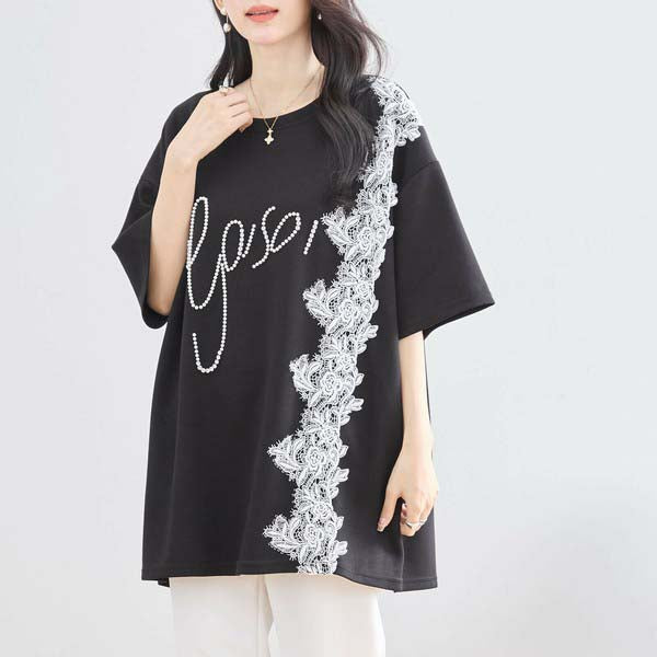 【N12-490|M〜L対応】パールビジュー&レース ロゴTシャツ|フェミニンカットソー・春夏トップス