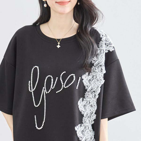 【N12-490|M〜L対応】パールビジュー&レース ロゴTシャツ|フェミニンカットソー・春夏トップス
