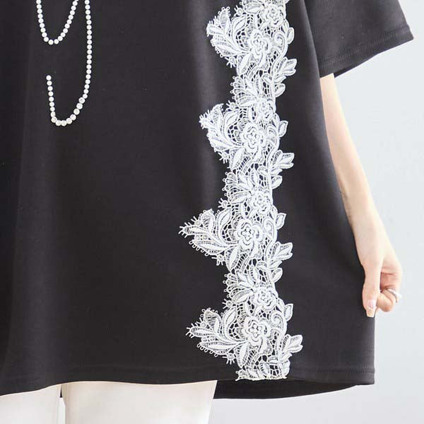 【N12-490|M〜L対応】パールビジュー&レース ロゴTシャツ|フェミニンカットソー・春夏トップス