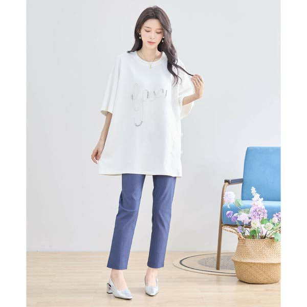 【N12-490|M〜L対応】パールビジュー&レース ロゴTシャツ|フェミニンカットソー・春夏トップス