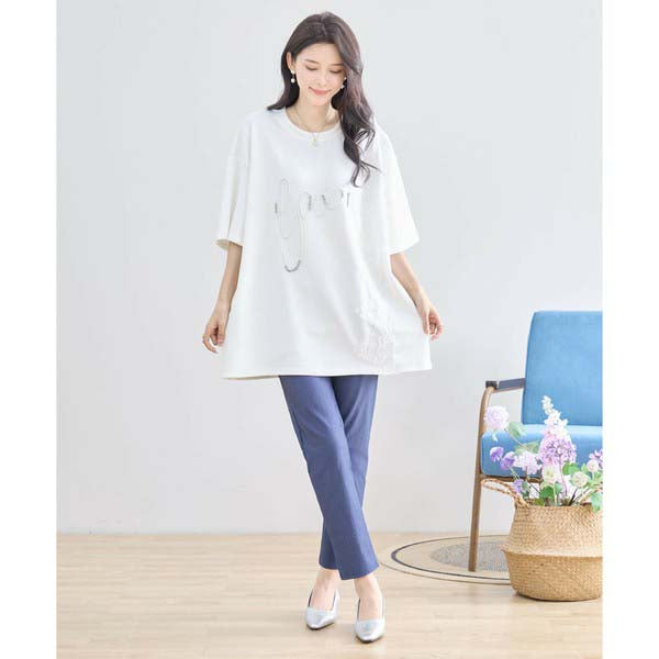 【N12-490|M〜L対応】パールビジュー&レース ロゴTシャツ|フェミニンカットソー・春夏トップス