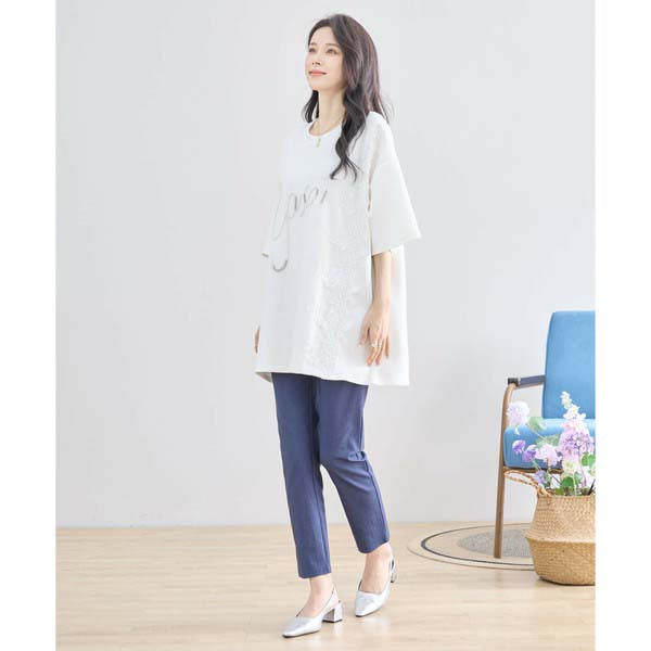 【N12-490|M〜L対応】パールビジュー&レース ロゴTシャツ|フェミニンカットソー・春夏トップス